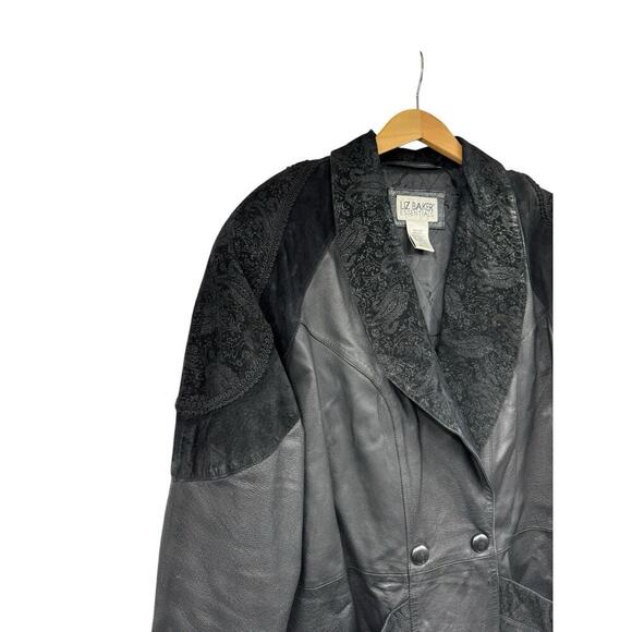 Vintage Liz Baker Essentials 100% Leather Paisley Double Breasted Jacket M - Picture 2 of 10